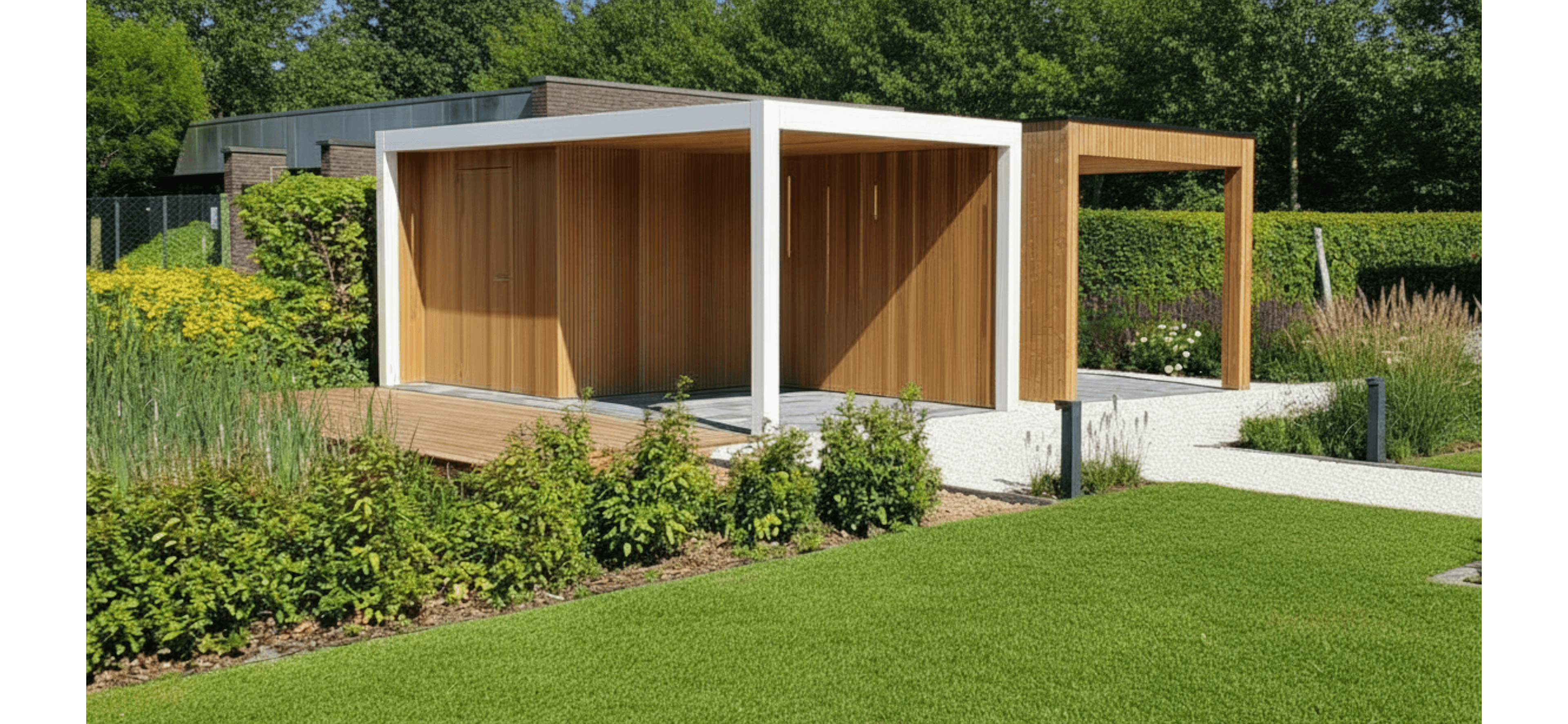 Moderne houten tuinpaviljoen met witte frame en houten wanden, in een groene tuin met gazon en planten.