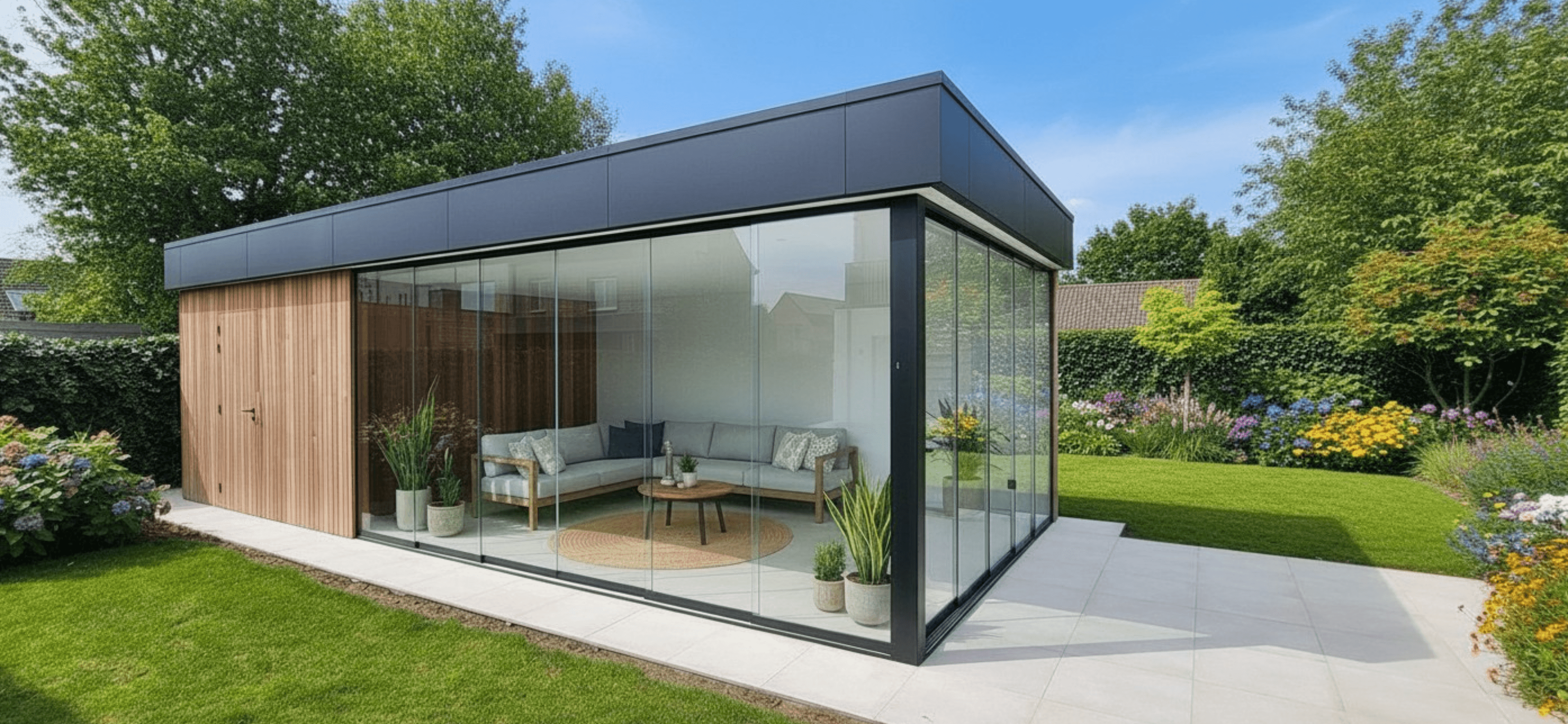 Moderne glazen tuinruimte met houten gevel en zwarte omlijning, zithoek met bank en salontafel, omgeven door groene tuin en kleurrijke bloemen.