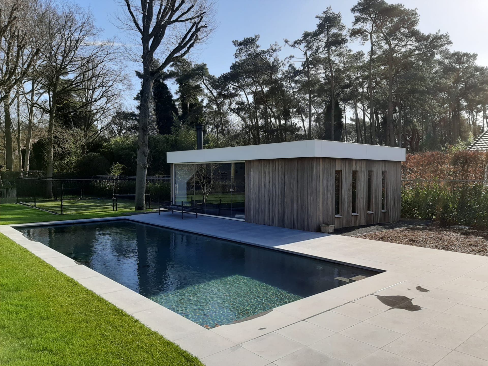 Moderne houten bijgebouw naast een lang, strak zwembad met glazen wanden en een wit plat dak, omgeven door groene tuin en bomen.