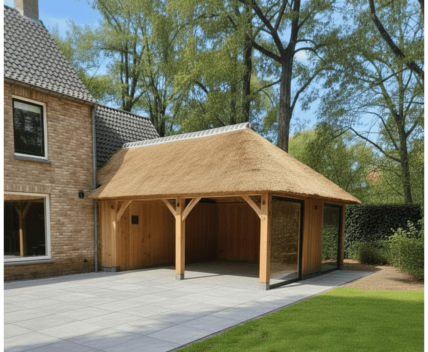 Houten overkapping met rieten dak tegen een bakstenen huis, omgeven door bomen op een betegelde patio.