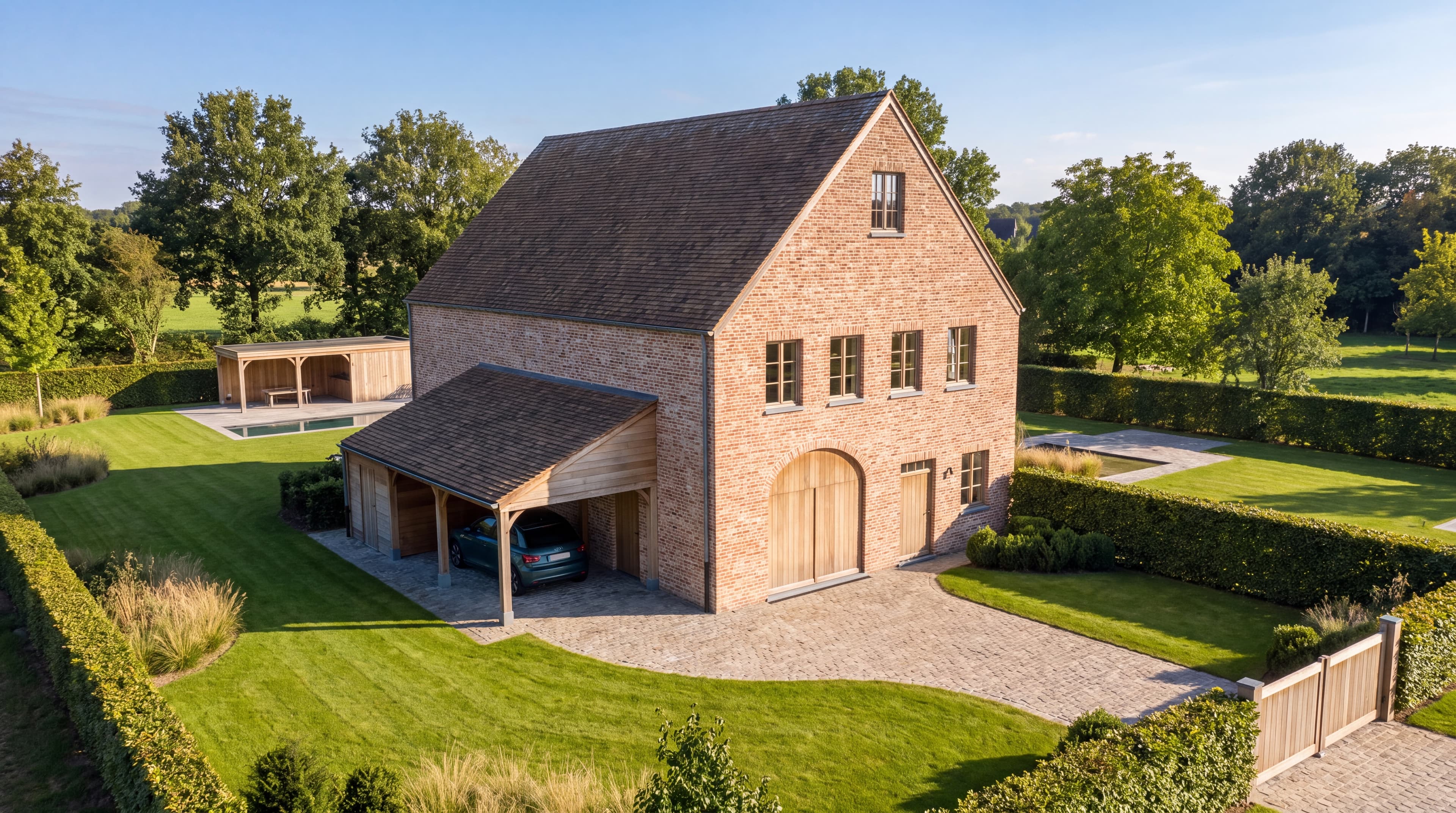 Groot bakstenen huis met schuin dak en houten deuren, omringd door groene tuin en heggen; links een houten carport met auto en zwembad in de achtertuin.
