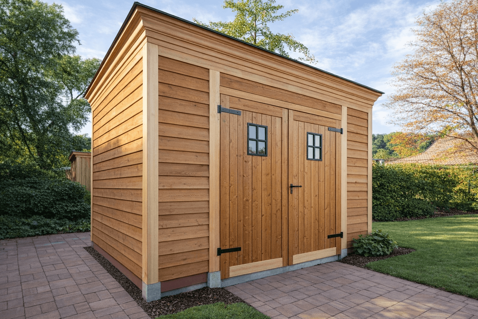 Houten tuinhuis met dubbele deuren en twee kleine ramen, in een groene tuin met paden.
