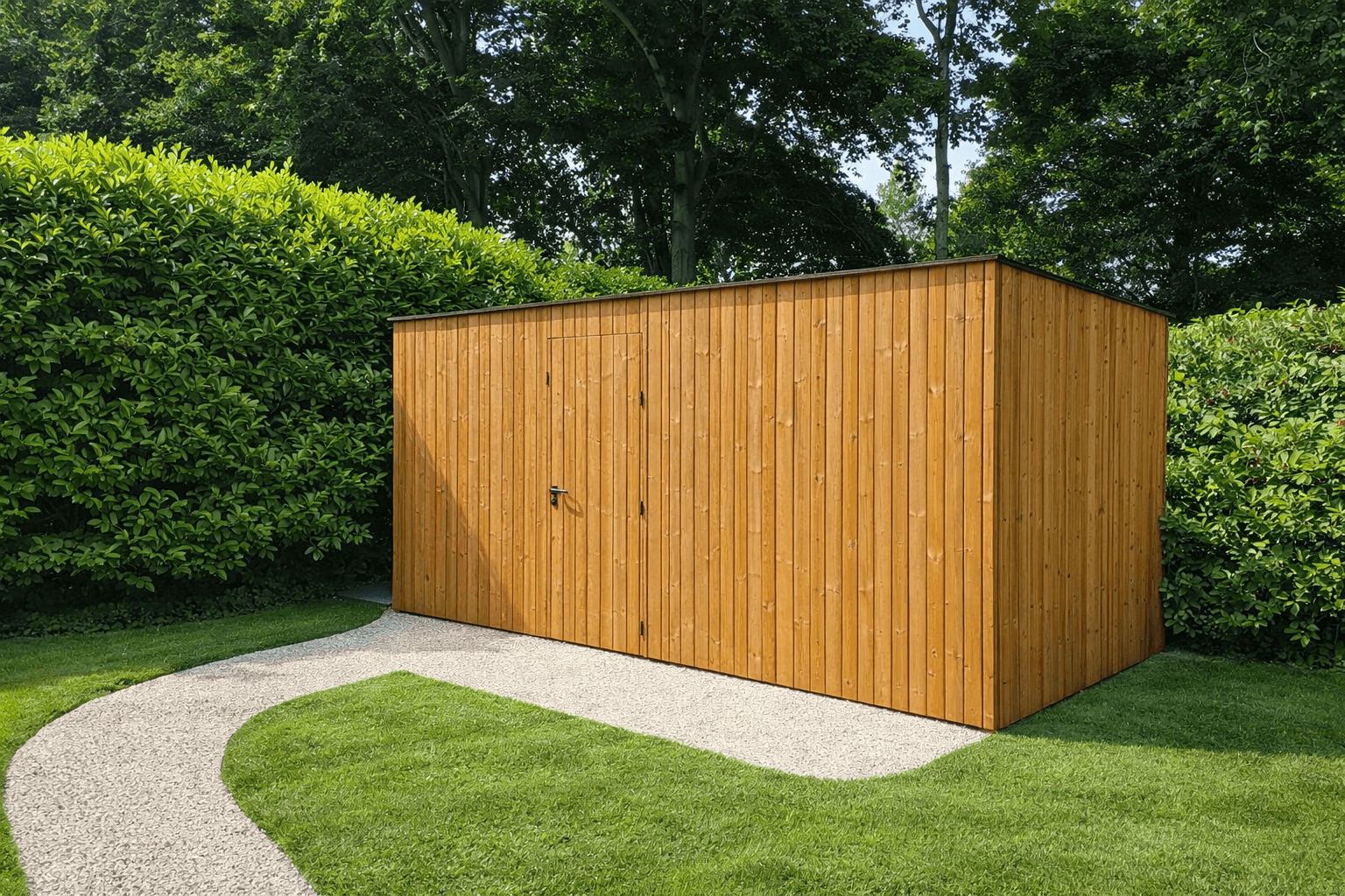 Houten schuurtje in een groene tuin, omgeven door hoge hagen en bomen, met een gebogen grindpad.