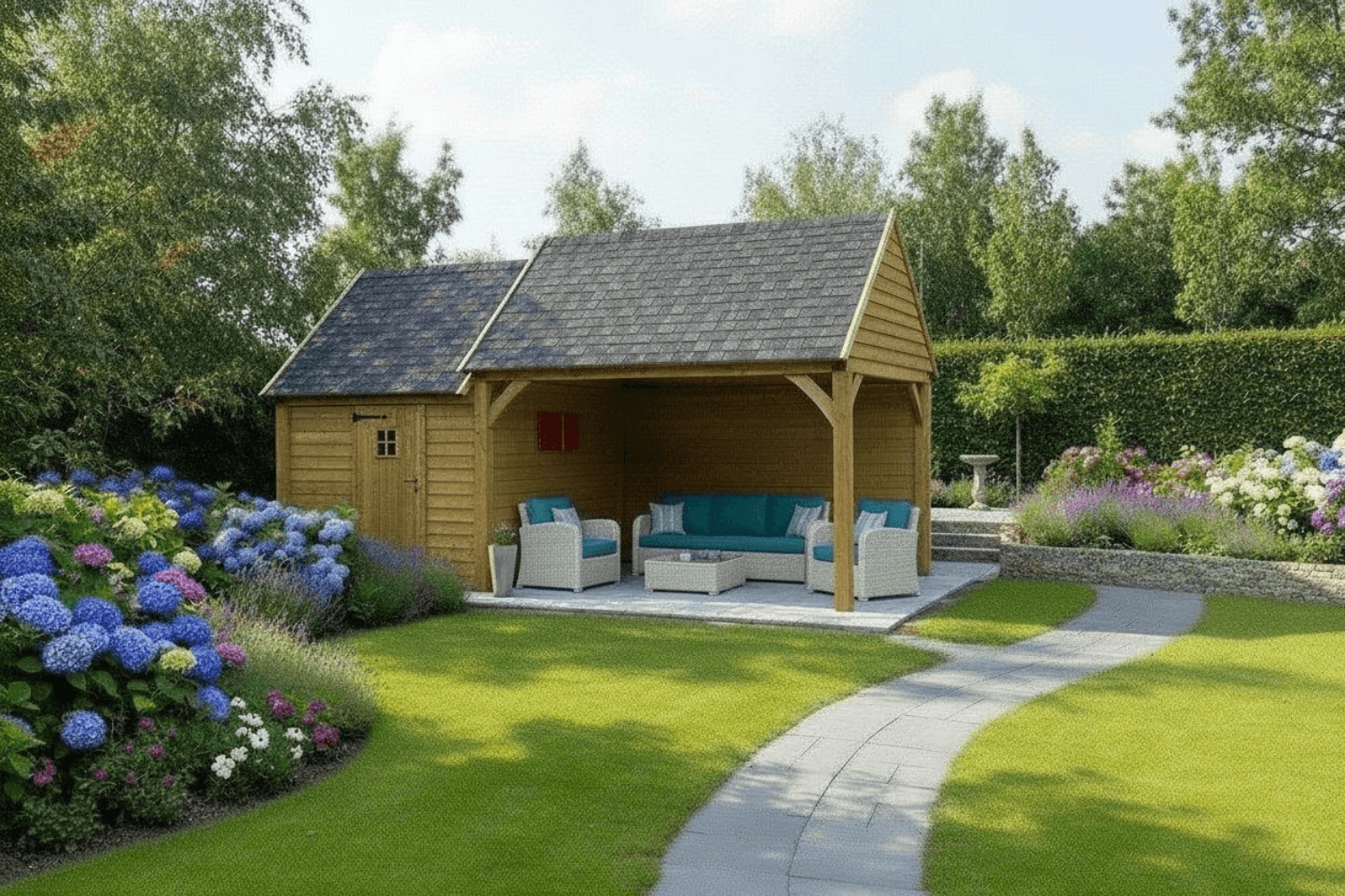 Houten tuinhuis met overkapping en zithoek in een verzorgde tuin, met blauwe kussens en een stenen pad.