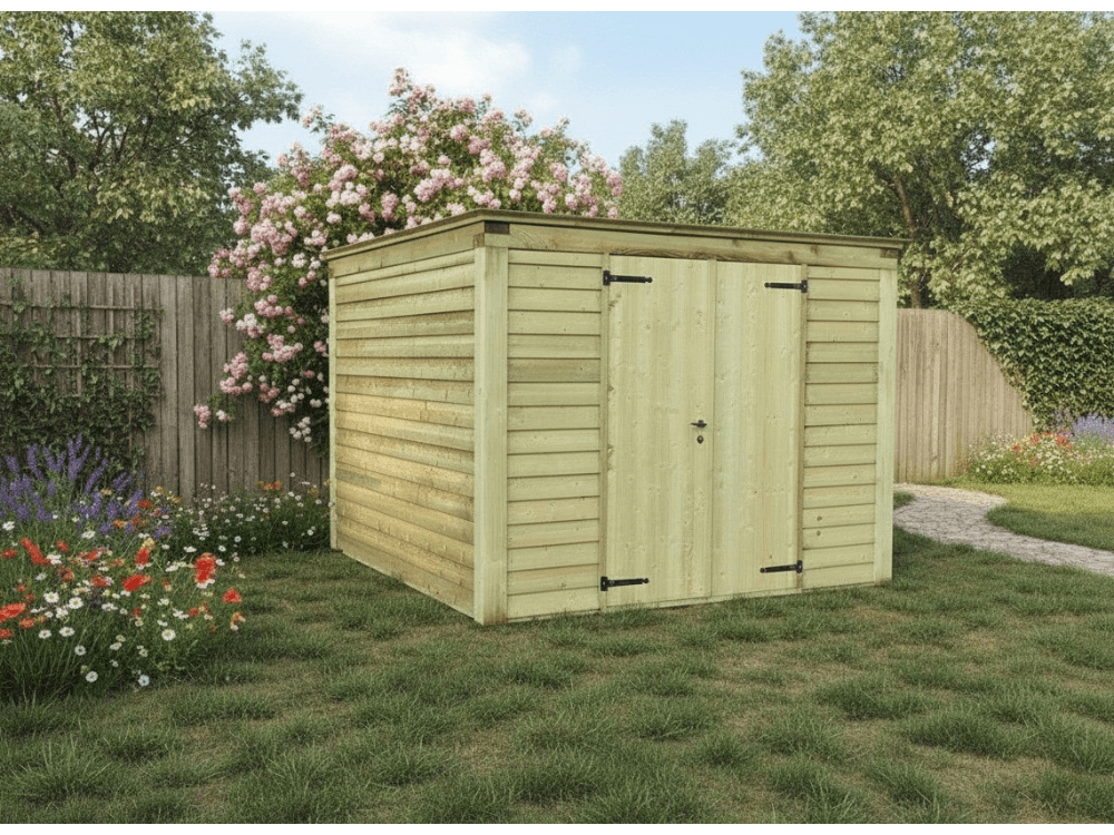 Licht houten tuinschuur in een tuin met kleurrijke bloemen en een houten schutting.