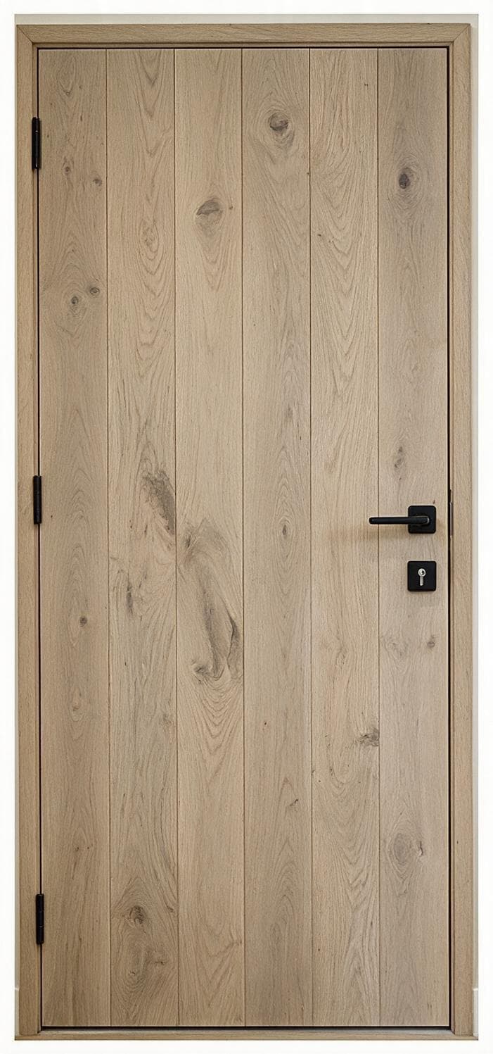Lichte houten deur met verticale planken, zwarte deurklink en sleutelgat; drie scharnieren aan de linkerkant in een houten kozijn.