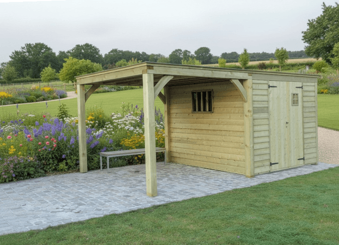 Kleine houten tuinschuur met overkapping en bank, naast een bloemrijke tuin en een betegelde patio.