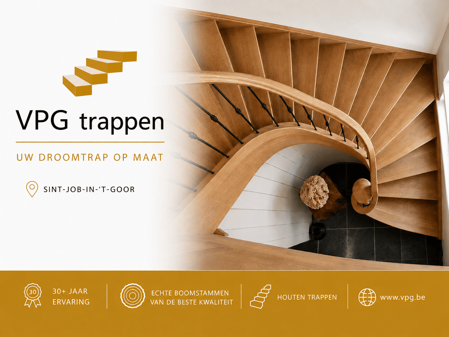 Bovenaanzicht van een houten spiraaltrap; linker gedeelte met 'VPG trappen' en gouden banner, onderaan iconen en website.